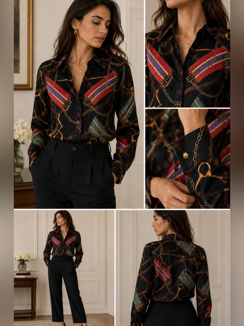 Lauren Ralph Lauren Petite Equestrian Chain Print Button Front Blouse Women’s LP